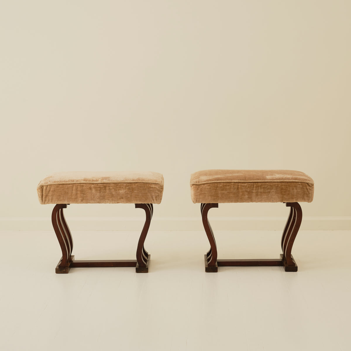 Italian Art Deco Stools With Wavy Dark Wood Legs, a Pair, 1940's