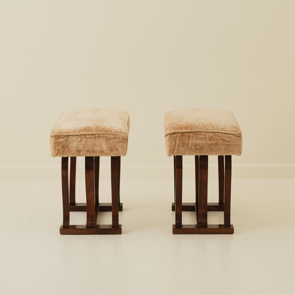 Italian Art Deco Stools With Wavy Dark Wood Legs, a Pair, 1940's