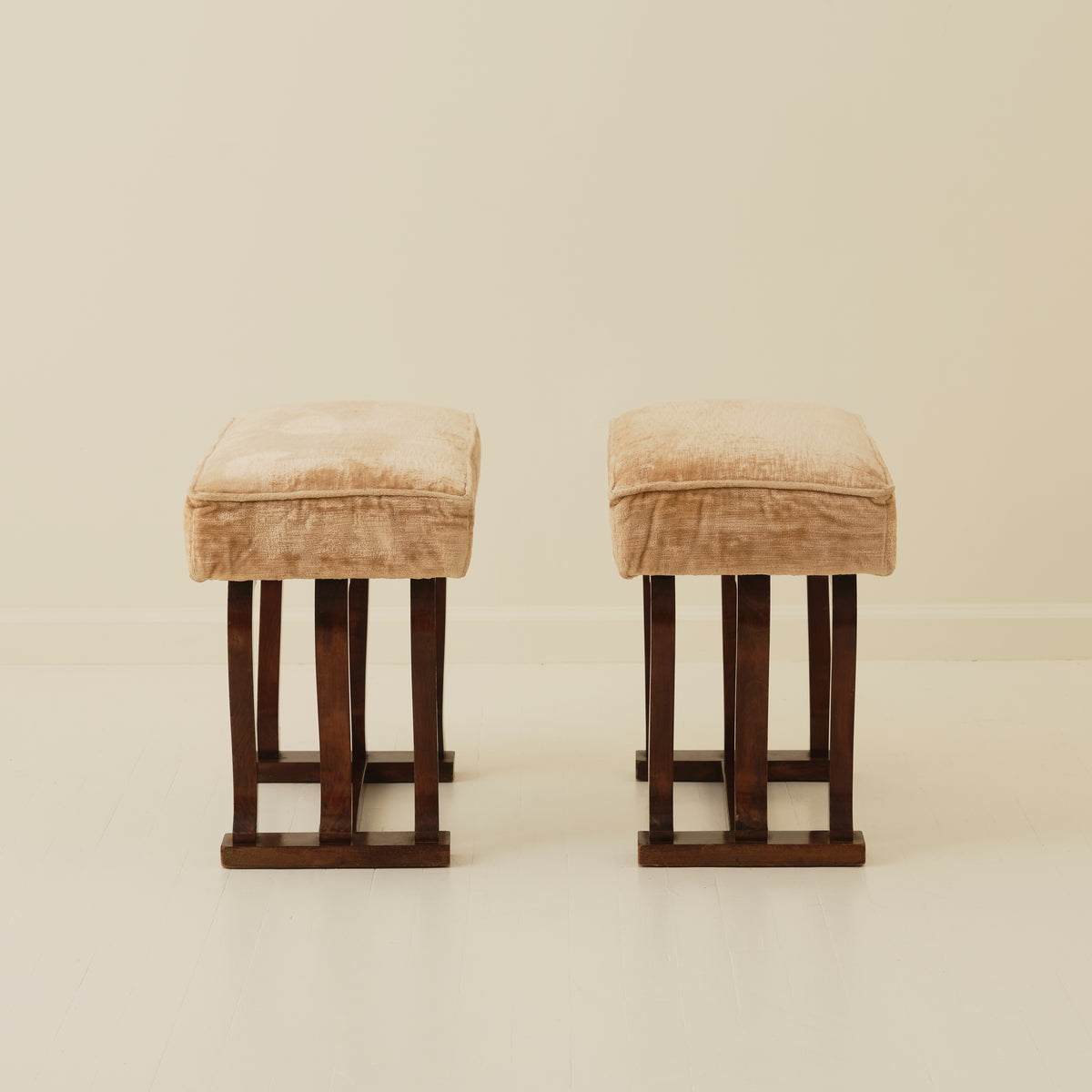 Italian Art Deco Stools With Wavy Dark Wood Legs, a Pair, 1940's