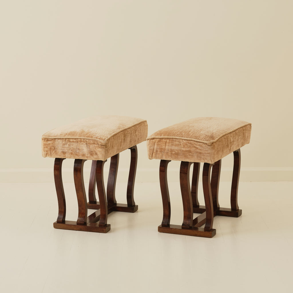 Italian Art Deco Stools With Wavy Dark Wood Legs, a Pair, 1940's