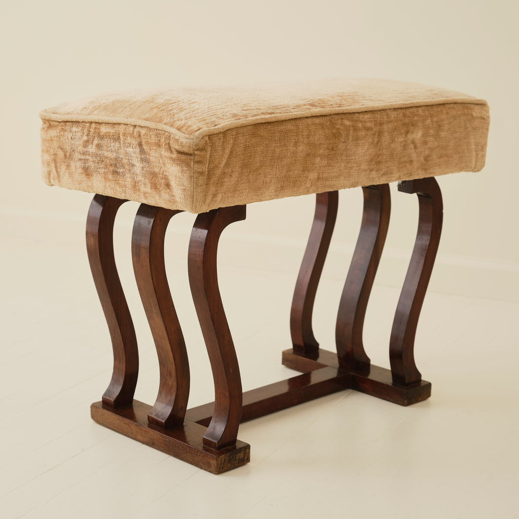Italian Art Deco Stools With Wavy Dark Wood Legs, a Pair, 1940's