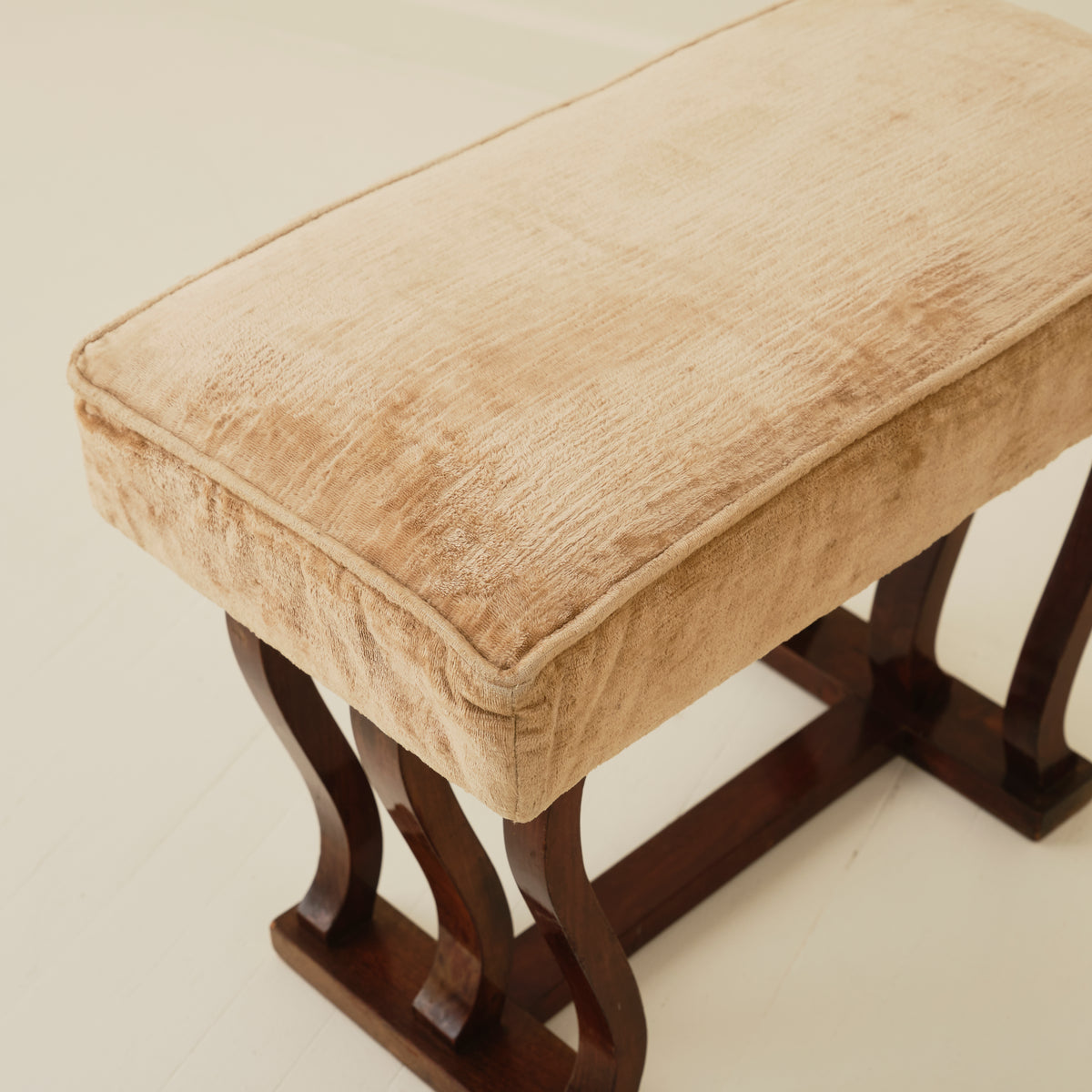 Italian Art Deco Stools With Wavy Dark Wood Legs, a Pair, 1940's