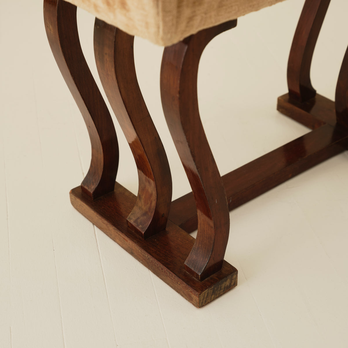 Italian Art Deco Stools With Wavy Dark Wood Legs, a Pair, 1940's