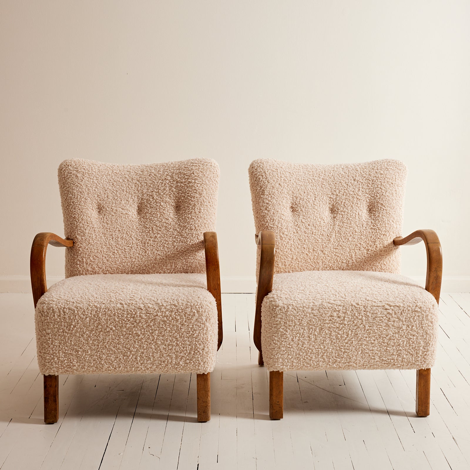 SOLD Danish Lounge Chairs with Curved Armrests, 1940s Vintage Beech and Ivory Sherpa Boucle, Set of 2