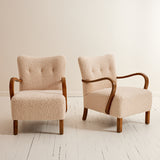 Danish Lounge Chairs with Curved Armrests, 1940s Vintage Beech and Ivory Sherpa Boucle, Set of 2