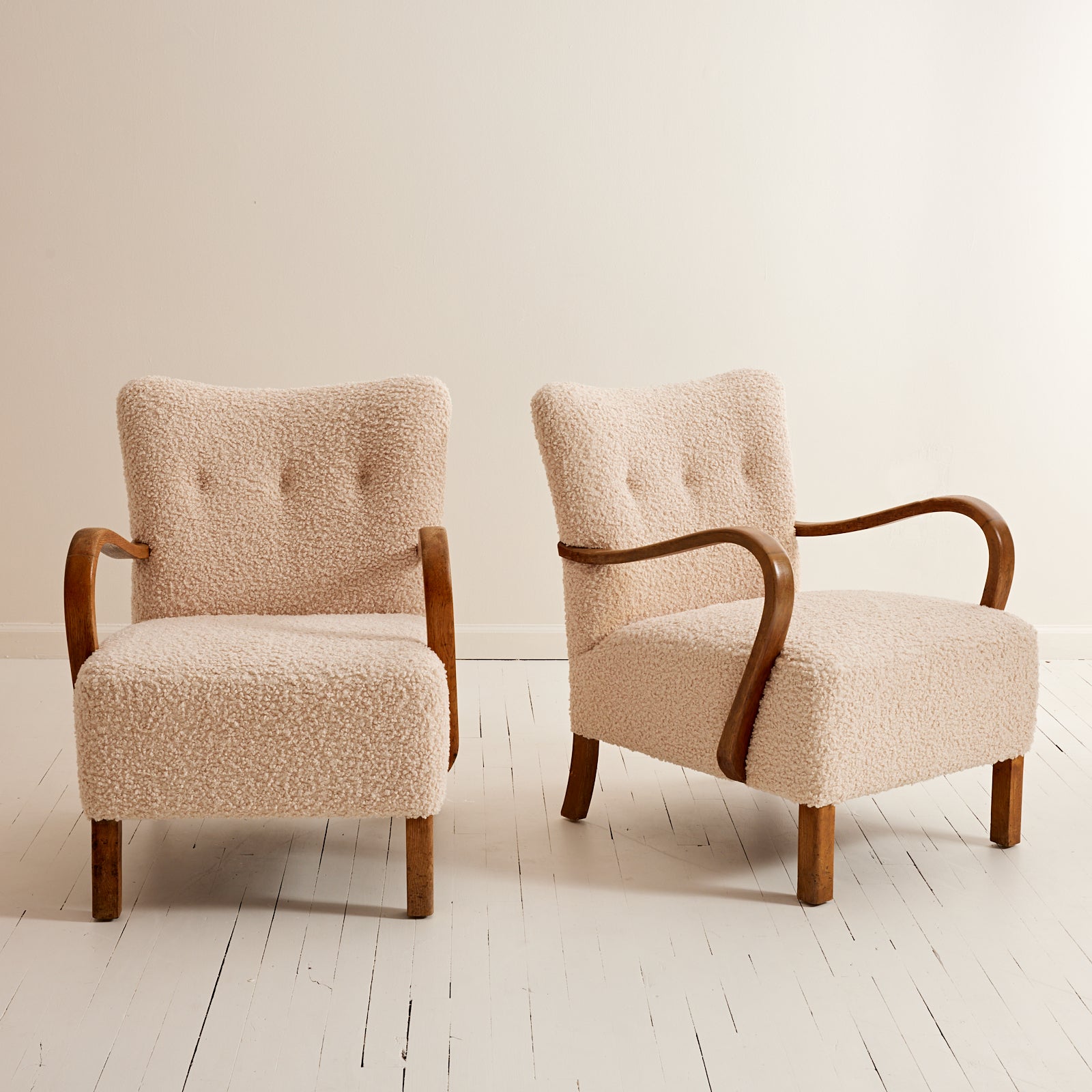 SOLD Danish Lounge Chairs with Curved Armrests, 1940s Vintage Beech and Ivory Sherpa Boucle, Set of 2