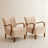 Danish Lounge Chairs with Curved Armrests, 1940s Vintage Beech and Ivory Sherpa Boucle, Set of 2