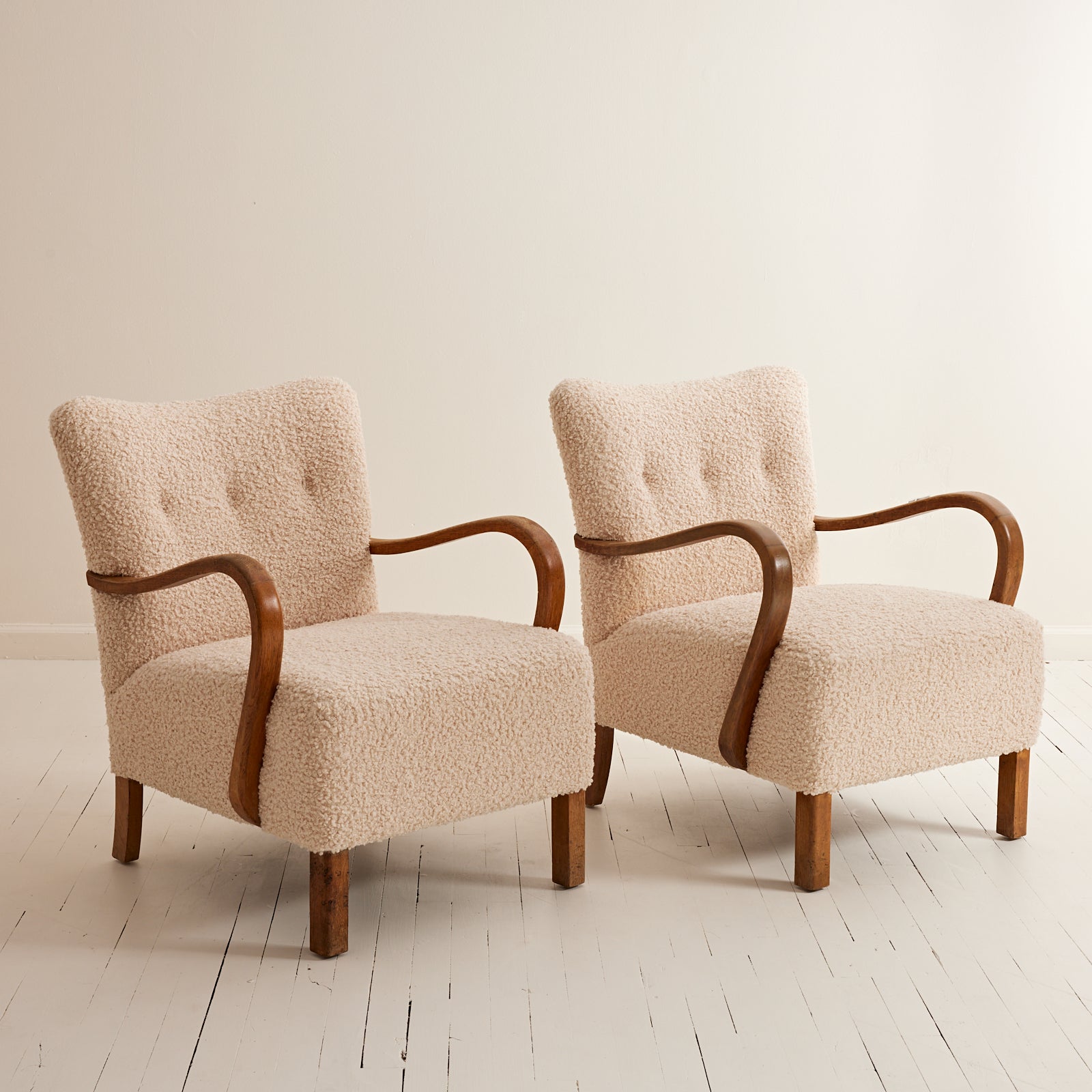 SOLD Danish Lounge Chairs with Curved Armrests, 1940s Vintage Beech and Ivory Sherpa Boucle, Set of 2