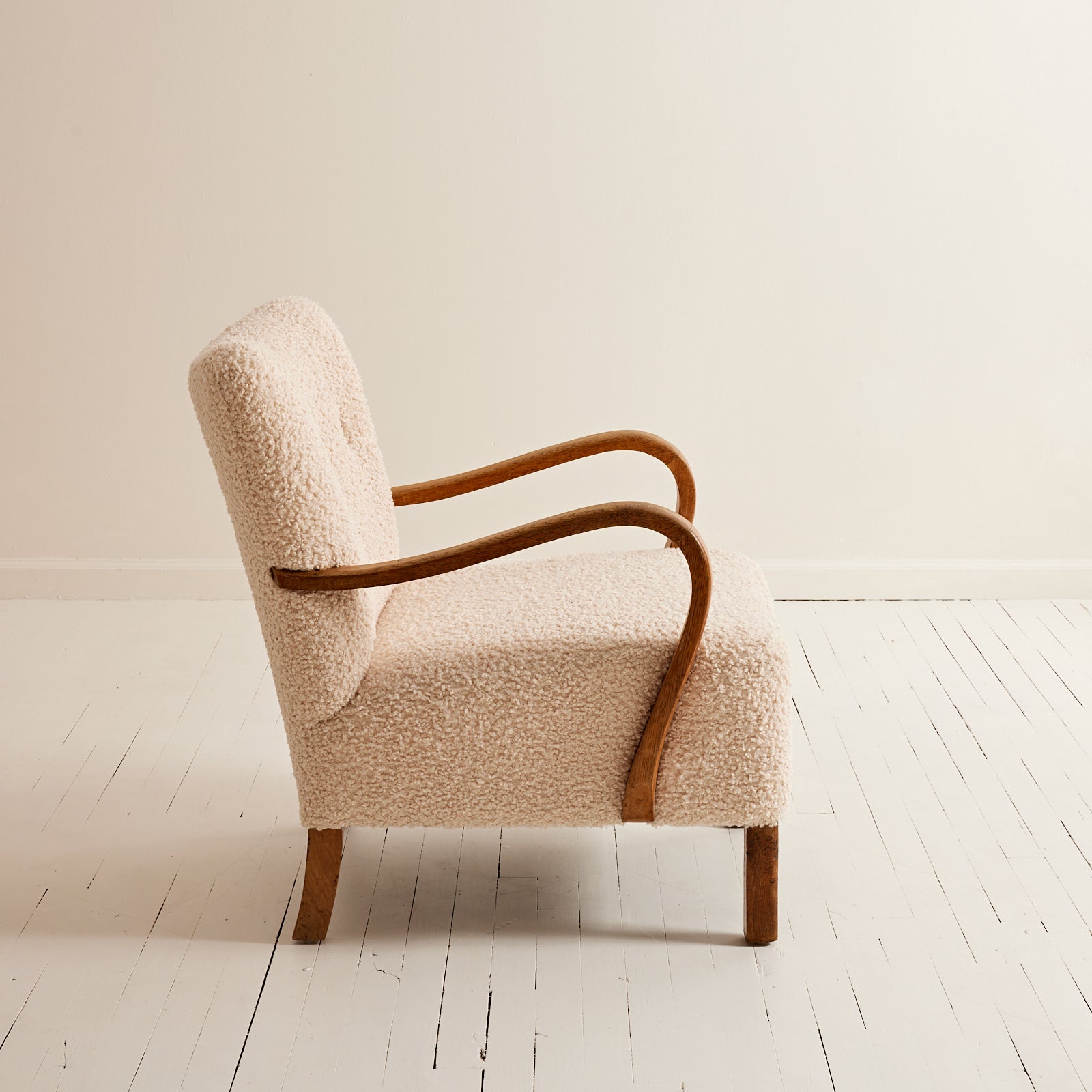 SOLD Danish Lounge Chairs with Curved Armrests, 1940s Vintage Beech and Ivory Sherpa Boucle, Set of 2
