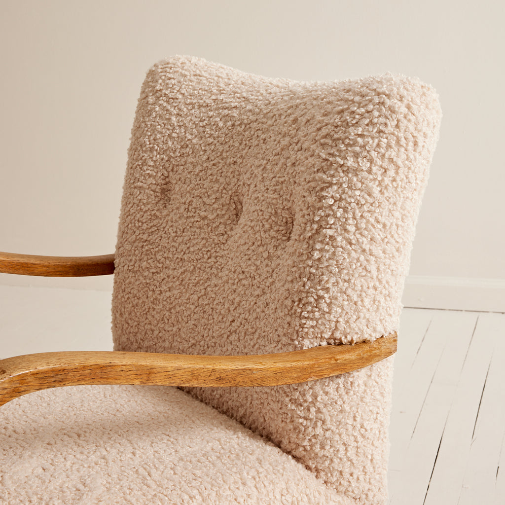 SOLD Danish Lounge Chairs with Curved Armrests, 1940s Vintage Beech and Ivory Sherpa Boucle, Set of 2