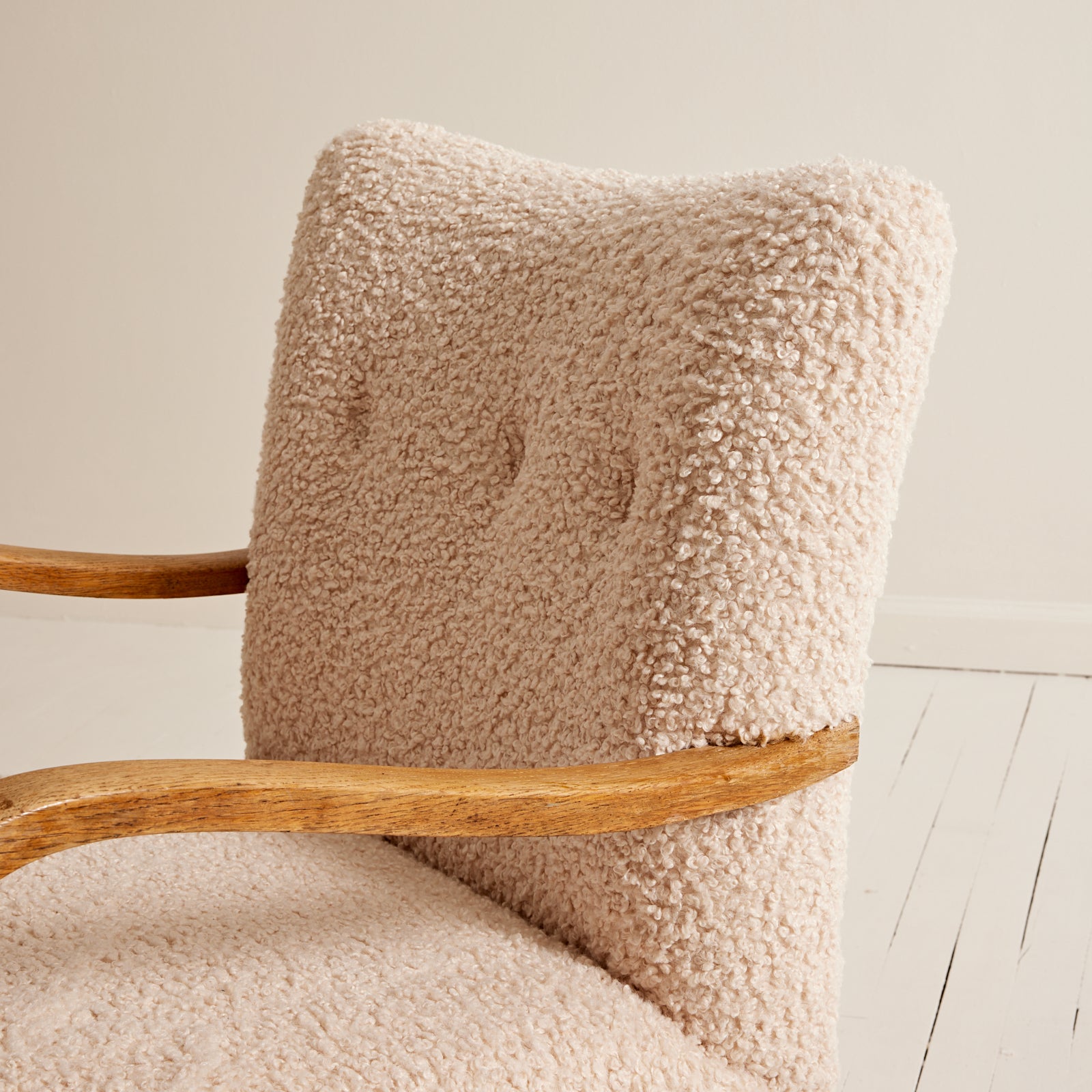 SOLD Danish Lounge Chairs with Curved Armrests, 1940s Vintage Beech and Ivory Sherpa Boucle, Set of 2