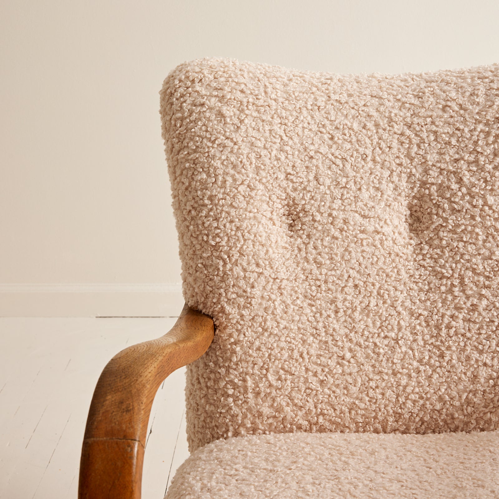SOLD Danish Lounge Chairs with Curved Armrests, 1940s Vintage Beech and Ivory Sherpa Boucle, Set of 2