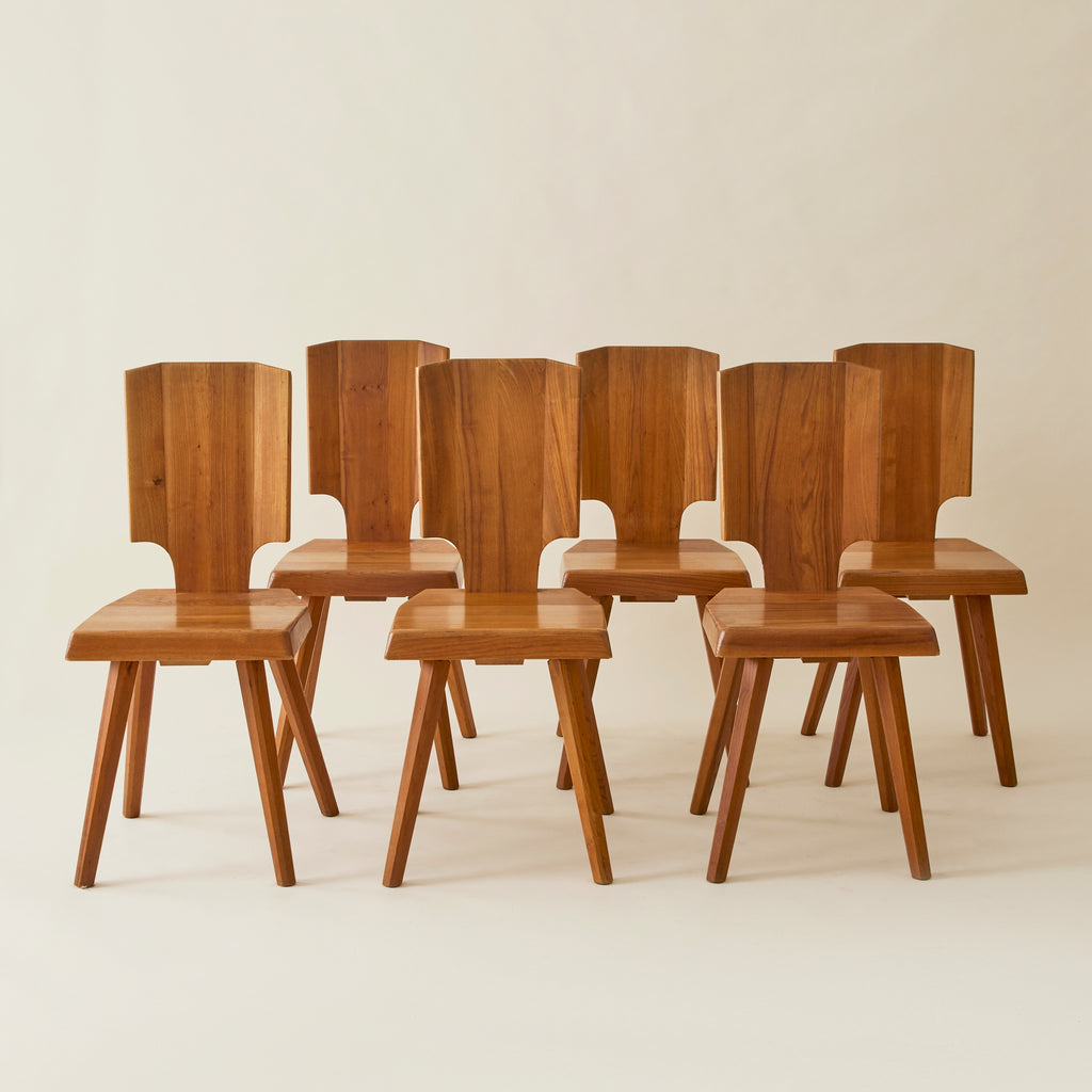 Pierre Chapo "S28" Solid Wood Elm Dining Chairs for Atelier Pierre Chapo, Set of 6, 1960's