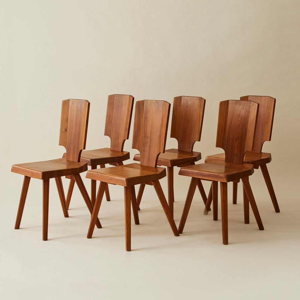 Pierre Chapo "S28" Solid Wood Elm Dining Chairs for Atelier Pierre Chapo, Set of 6, 1960's