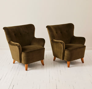 SOLD Danish Mid Century Moder Easy Chairs n in Velvet 1940's, a Pair