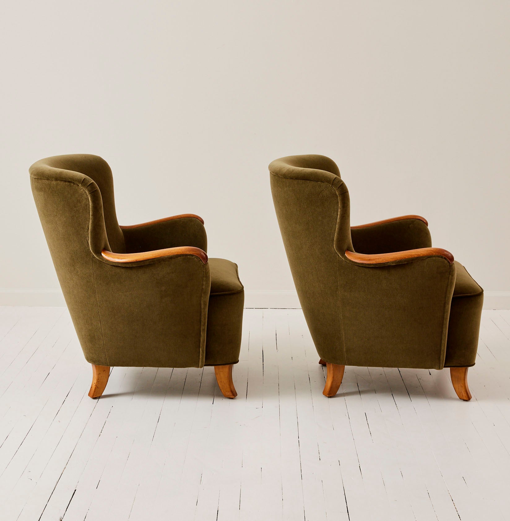 Swedish Mid Century 1950s Velvet Lounge Chairs With Lacquered Arms, a Pair