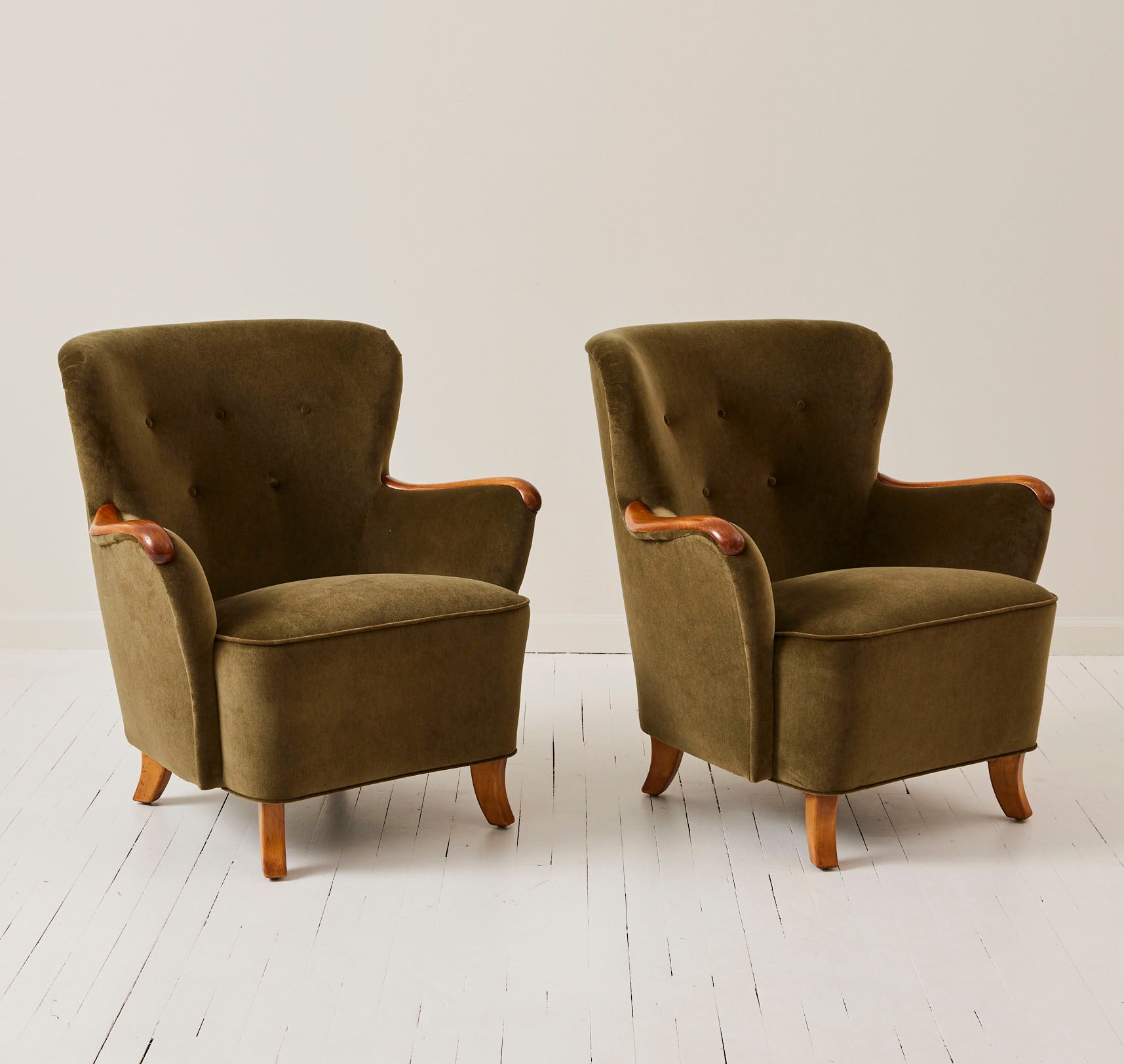Swedish Mid Century 1950s Velvet Lounge Chairs With Lacquered Arms, a Pair