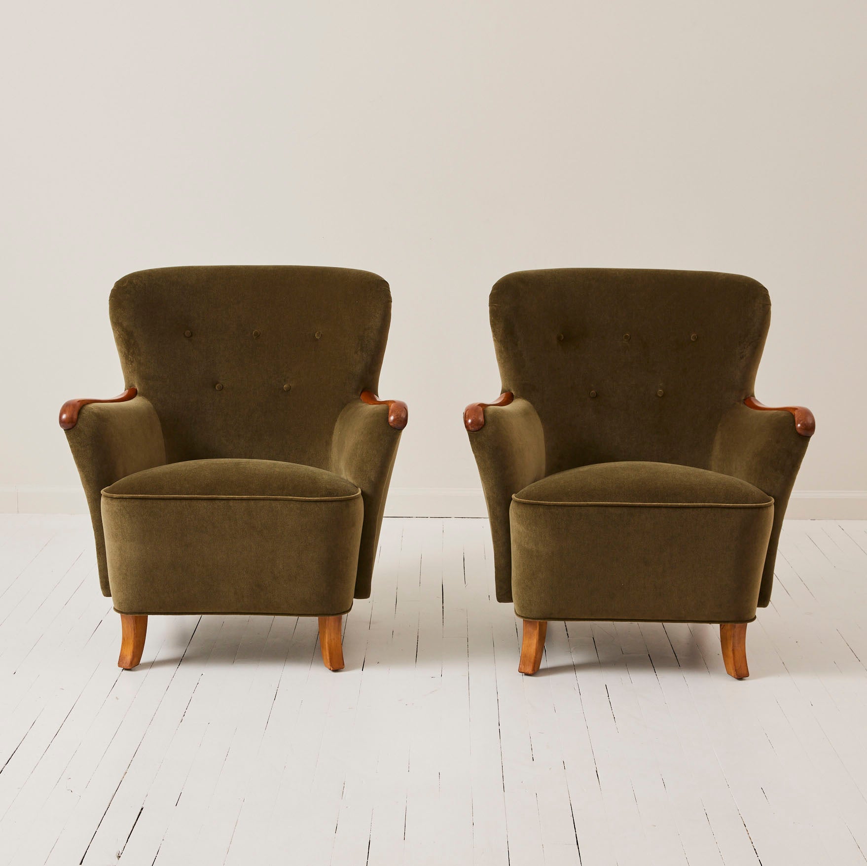 Swedish Mid Century 1950s Velvet Lounge Chairs With Lacquered Arms, a Pair