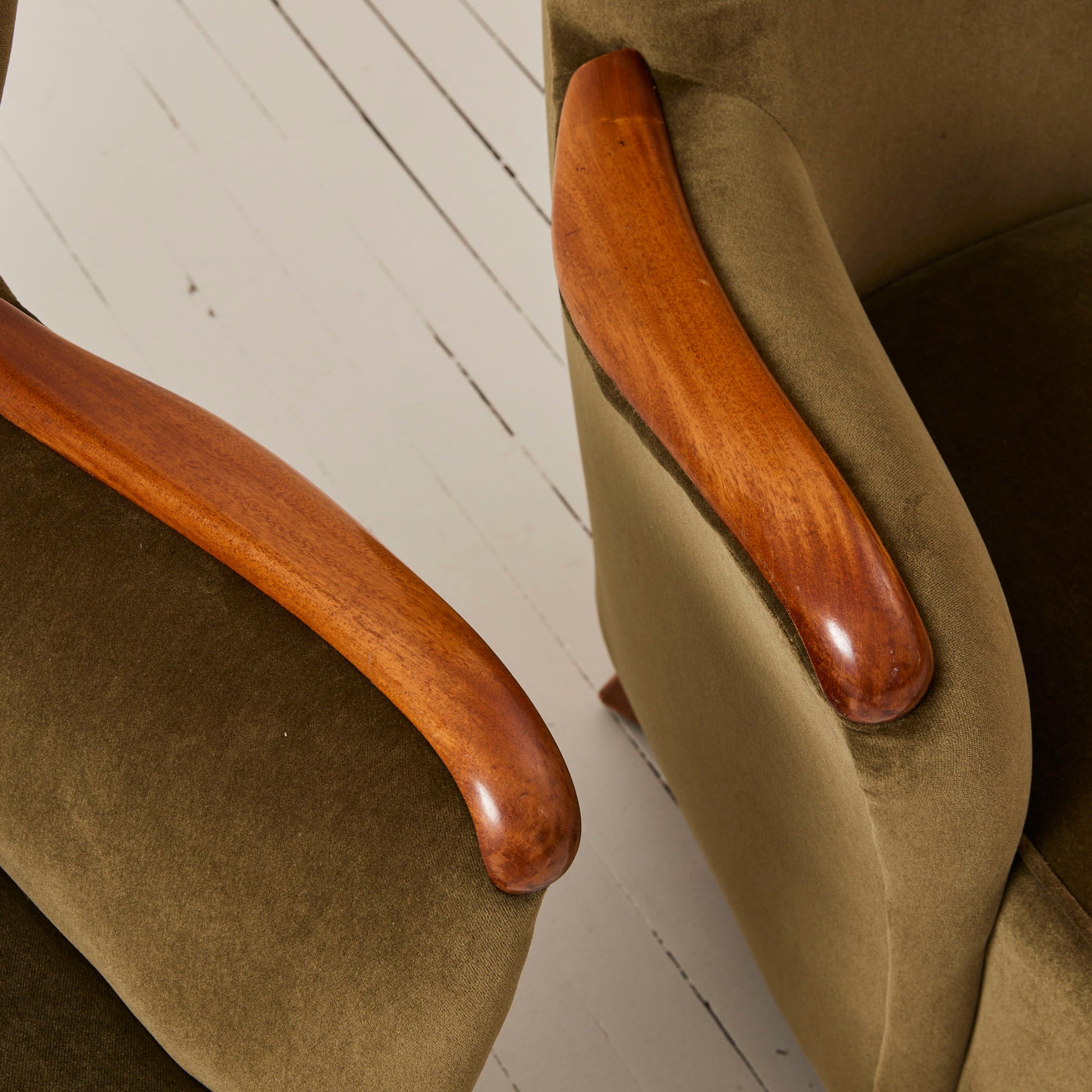 Swedish Mid Century 1950s Velvet Lounge Chairs With Lacquered Arms, a Pair