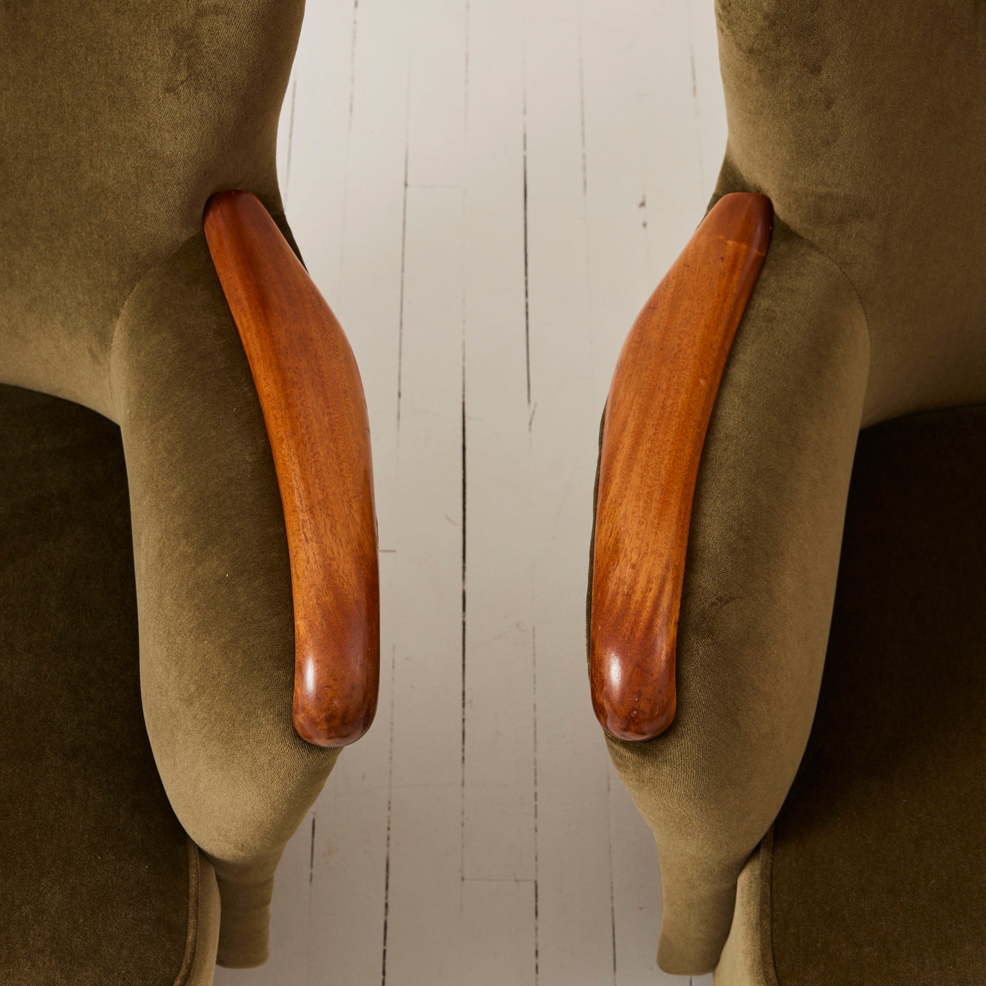 Swedish Mid Century 1950s Velvet Lounge Chairs With Lacquered Arms, a Pair