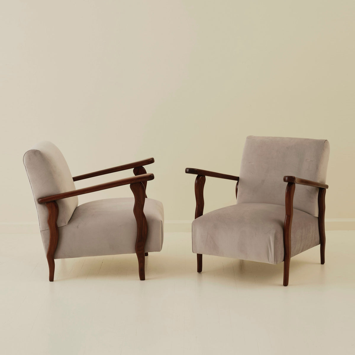 Italian Art Deco Wavy Wood Armchairs, a Pair, 1940s