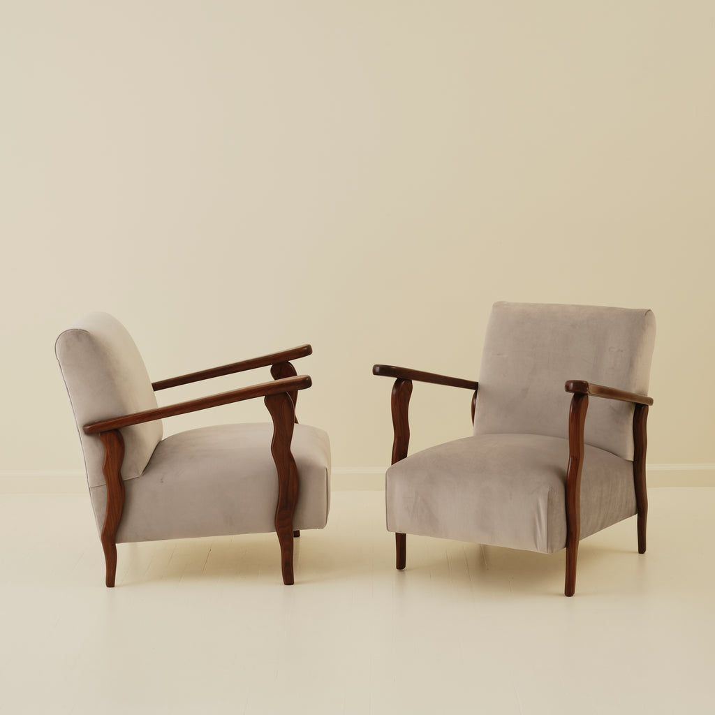 Italian Art Deco Wavy Wood Armchairs, a Pair, 1940s