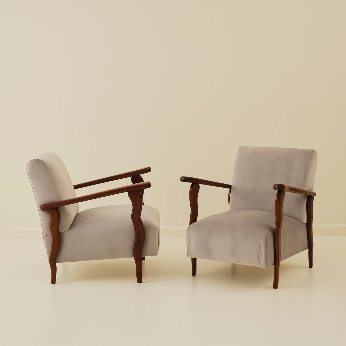 Italian Art Deco Wavy Wood Armchairs, a Pair, 1940s