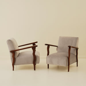 Italian Art Deco Wavy Wood Armchairs, a Pair, 1940s