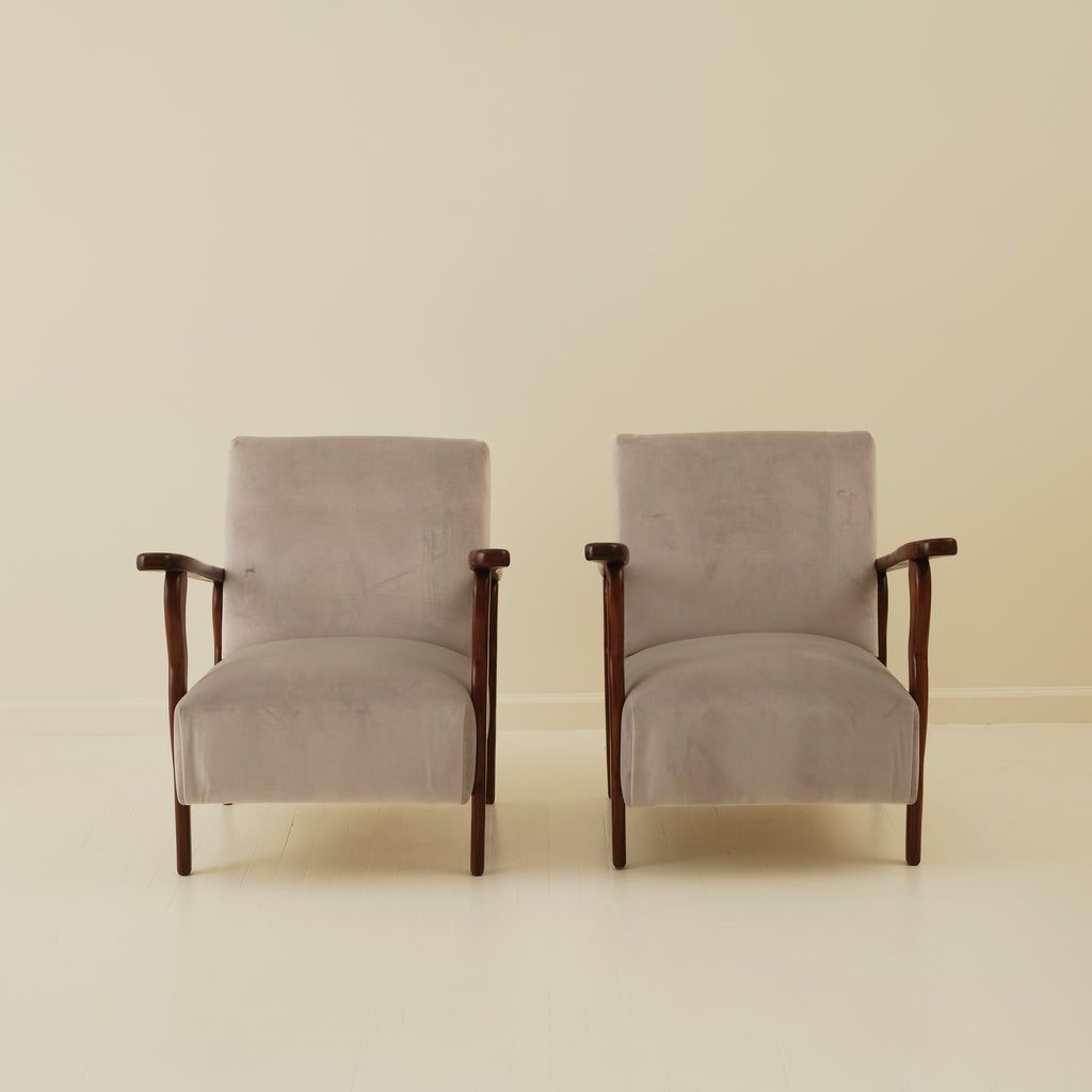 Italian Art Deco Wavy Wood Armchairs, a Pair, 1940s
