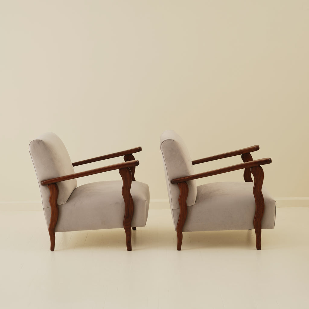 Italian Art Deco Wavy Wood Armchairs, a Pair, 1940s