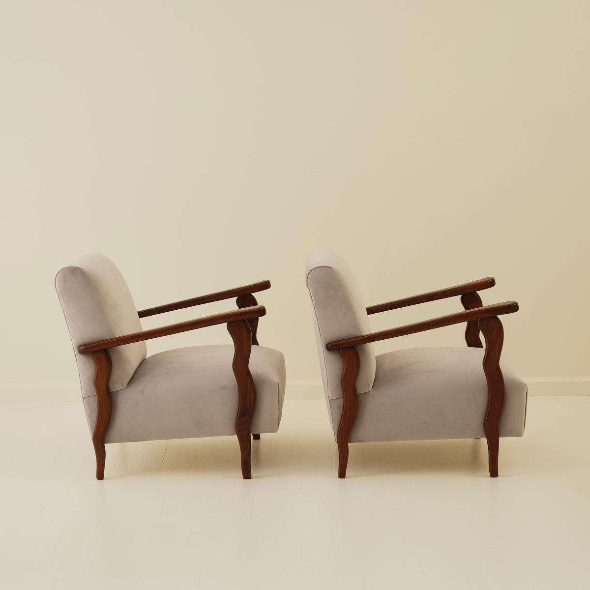 Italian Art Deco Wavy Wood Armchairs, a Pair, 1940s
