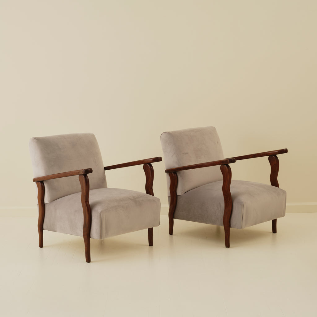 Italian Art Deco Wavy Wood Armchairs, a Pair, 1940s