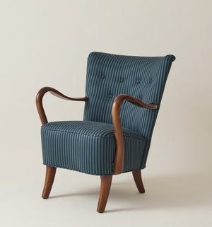 Alfred Christiansen Danish Modern Easy Chair in Blue Striped Cotton Fabric, 1940s