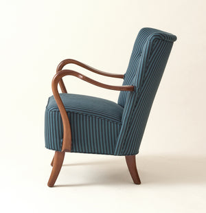 Alfred Christiansen Danish Modern Easy Chair in Blue Striped Cotton Fabric, 1940s