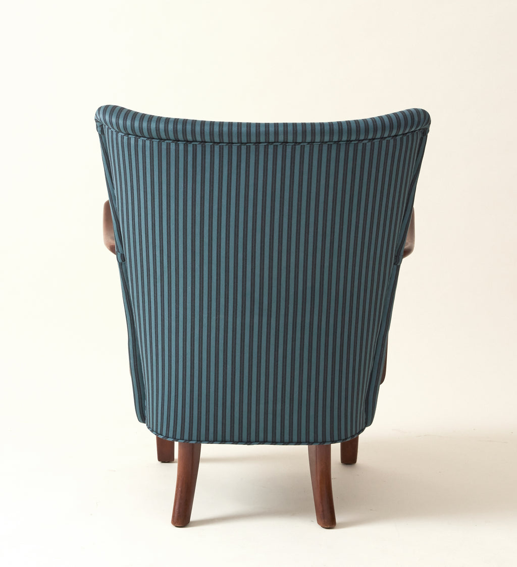Alfred Christiansen Danish Modern Easy Chair in Blue Striped Cotton Fabric, 1940s