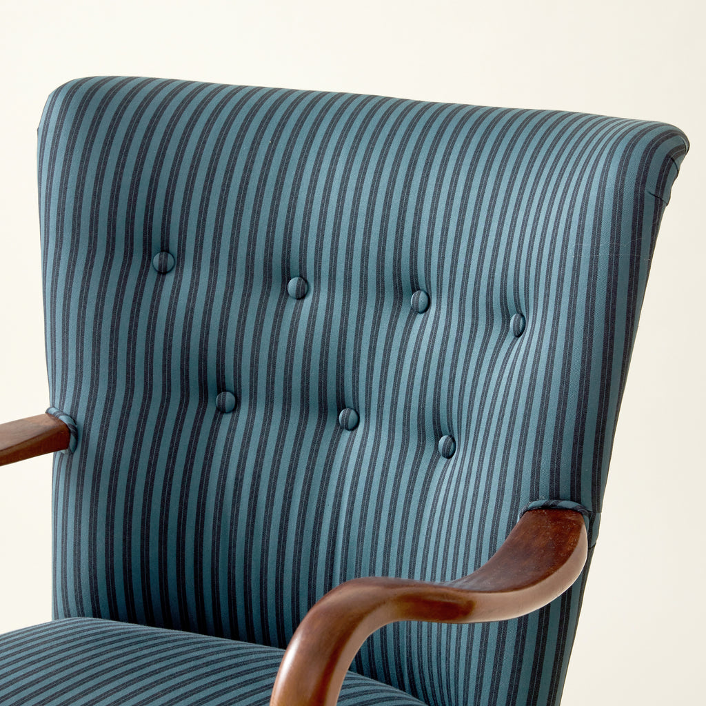 Alfred Christiansen Danish Modern Easy Chair in Blue Striped Cotton Fabric, 1940s