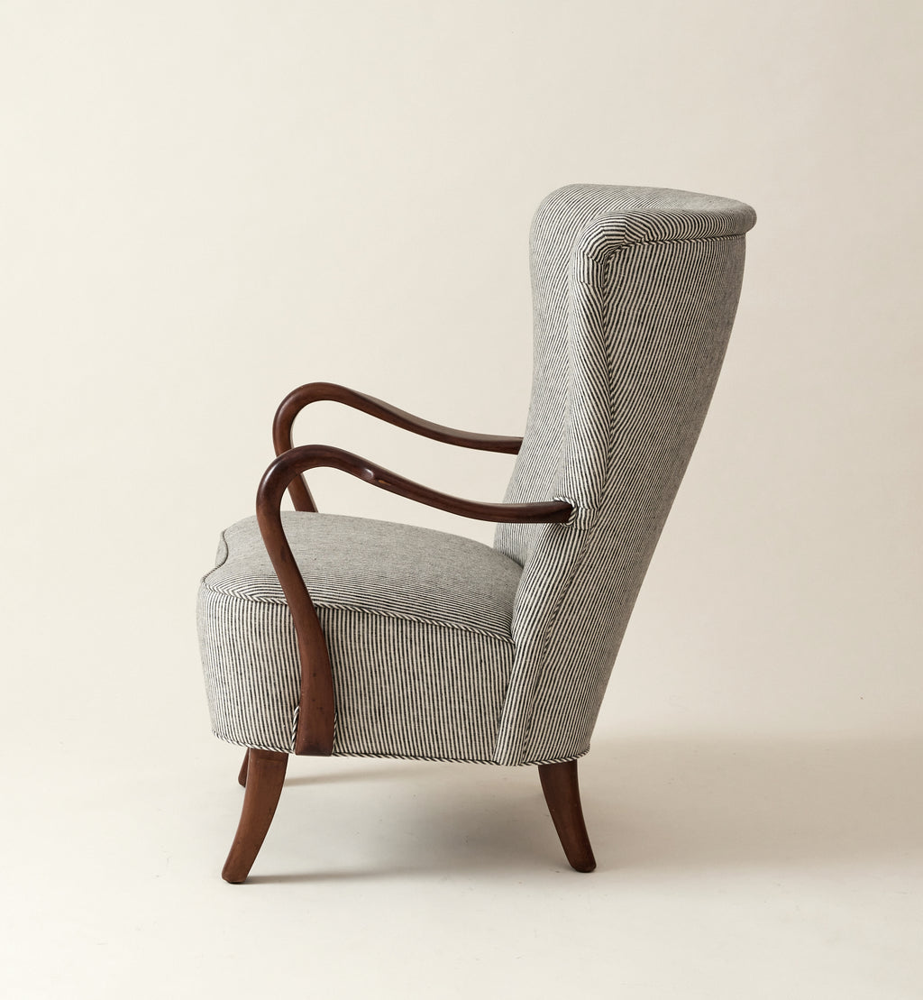 Alfred Christiansen High Back Easy Chair 23B in Striped Linen, 1940s