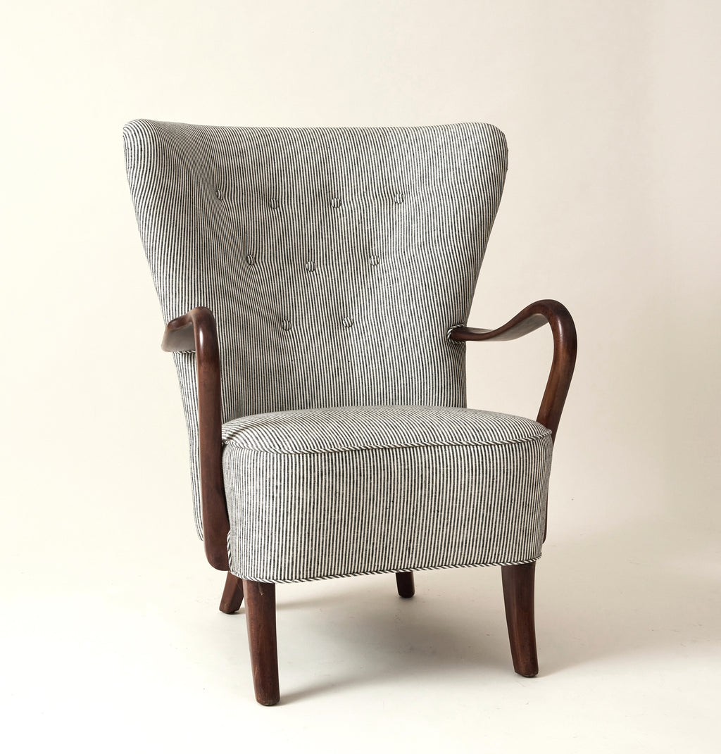 Alfred Christiansen High Back Easy Chair 23B in Striped Linen, 1940s