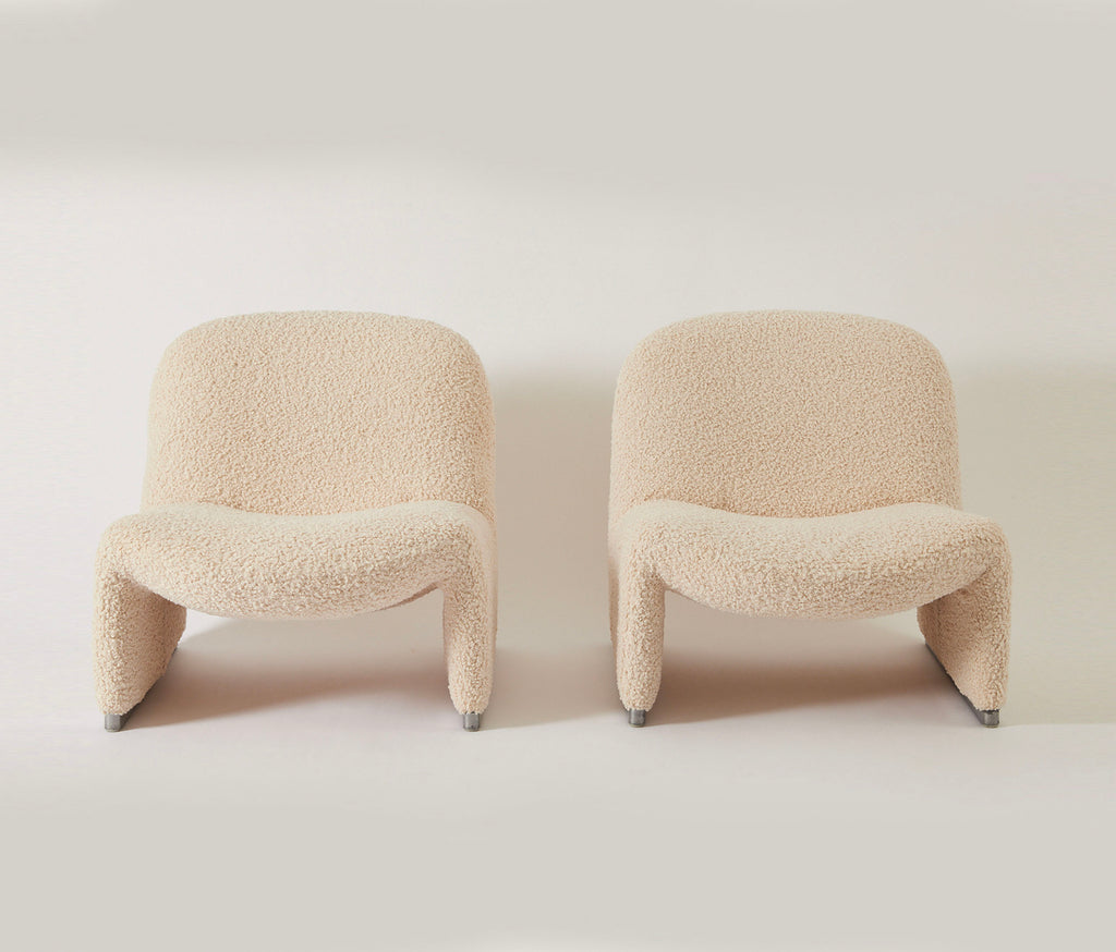 Giancarlo Piretti "Alky" Chairs, Vintage 1960s Boucle Shearling Lounge Chairs for Castelli, Set of 2