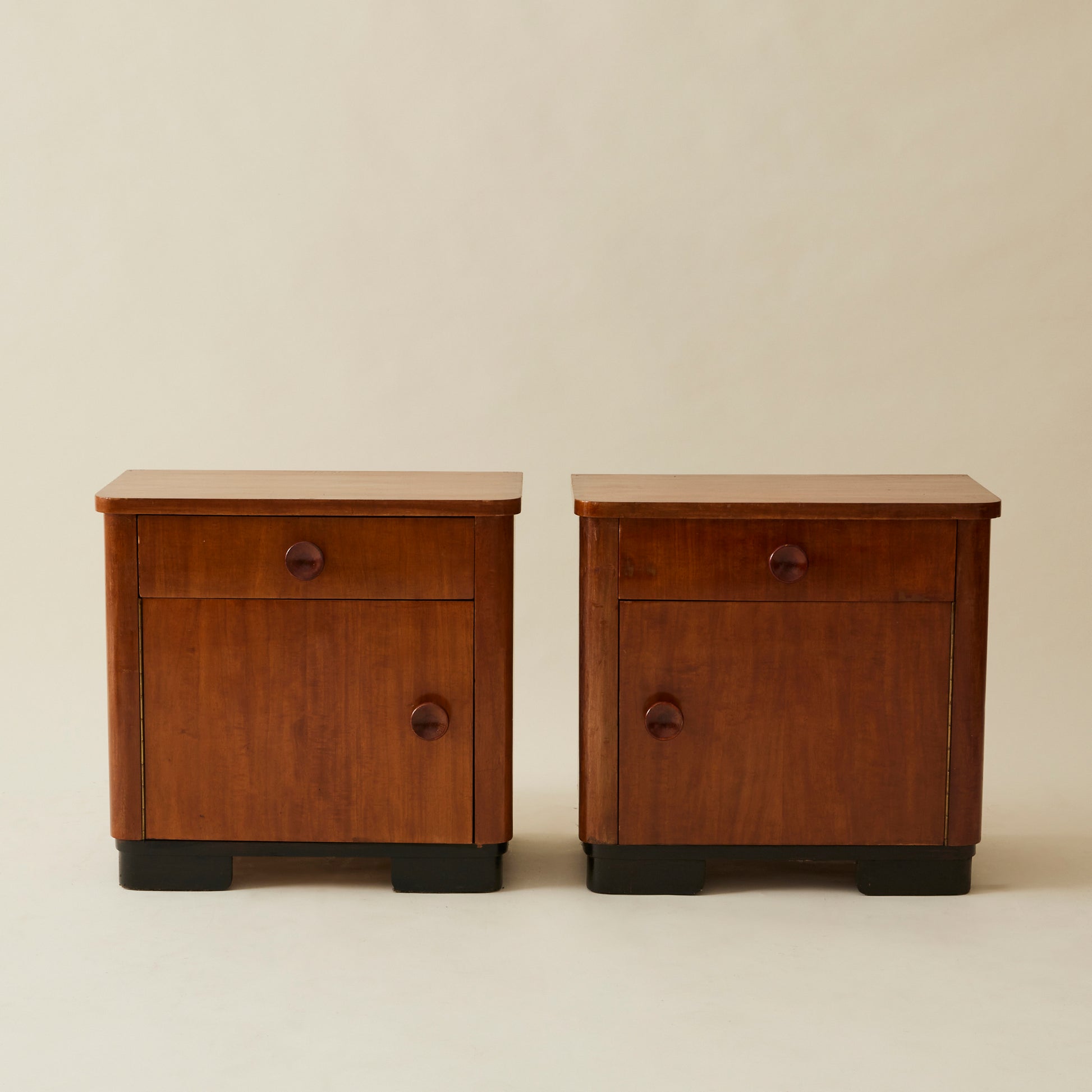 Art Deco Bedside Tables, Ebonized Wood Veneer, 1940's, a pair