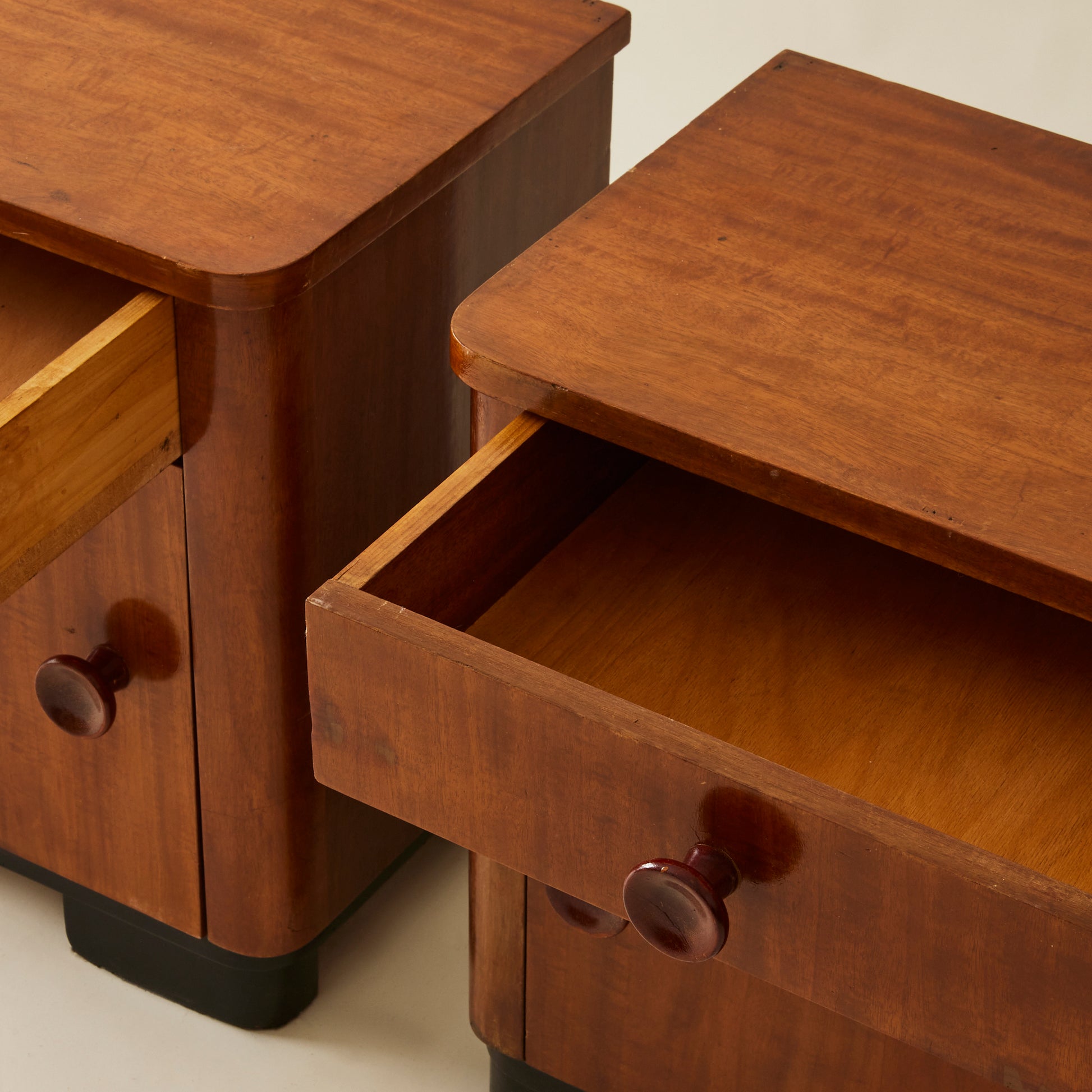 Art Deco Bedside Tables, Ebonized Wood Veneer, 1940's, a pair