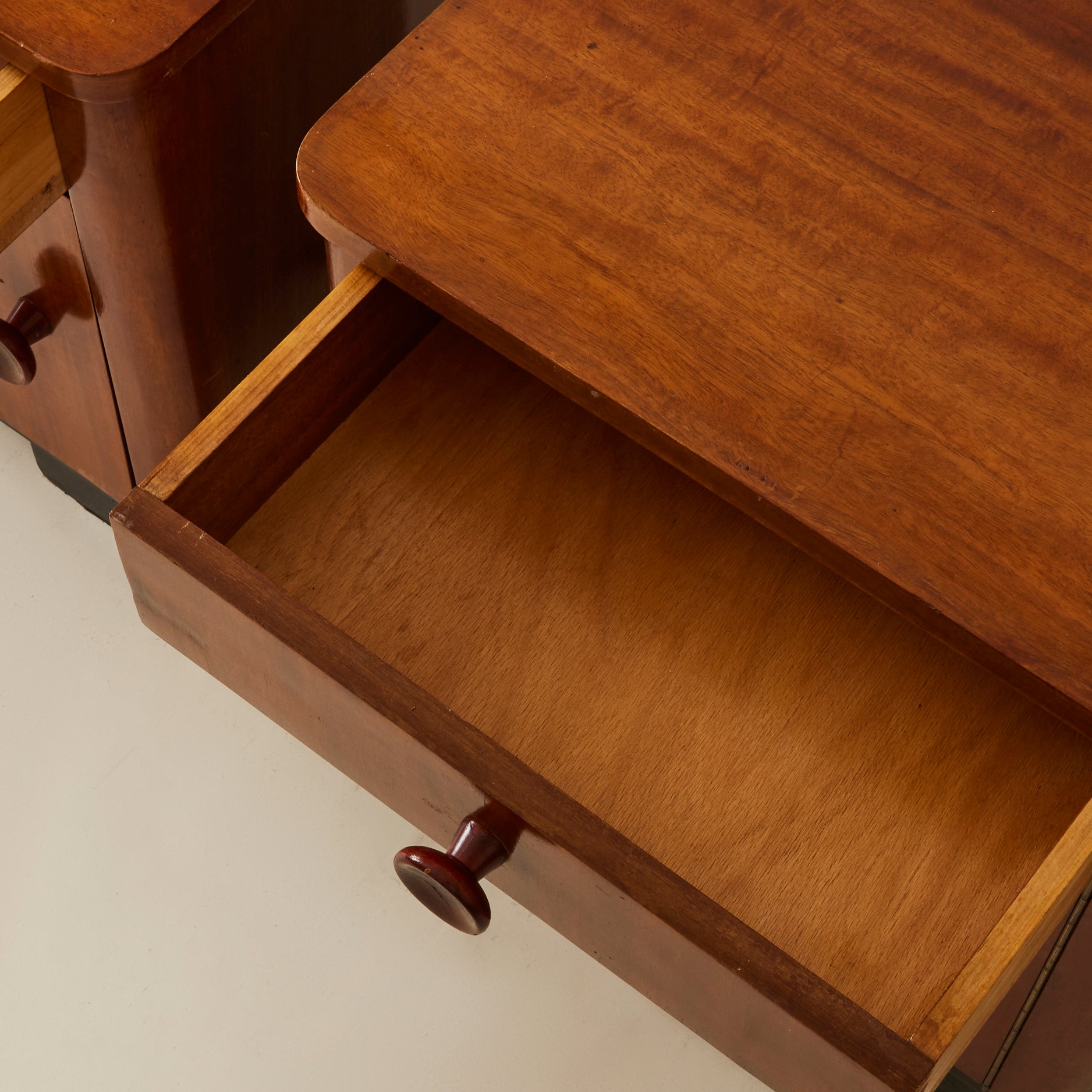 Art Deco Bedside Tables, Ebonized Wood Veneer, 1940's, a pair