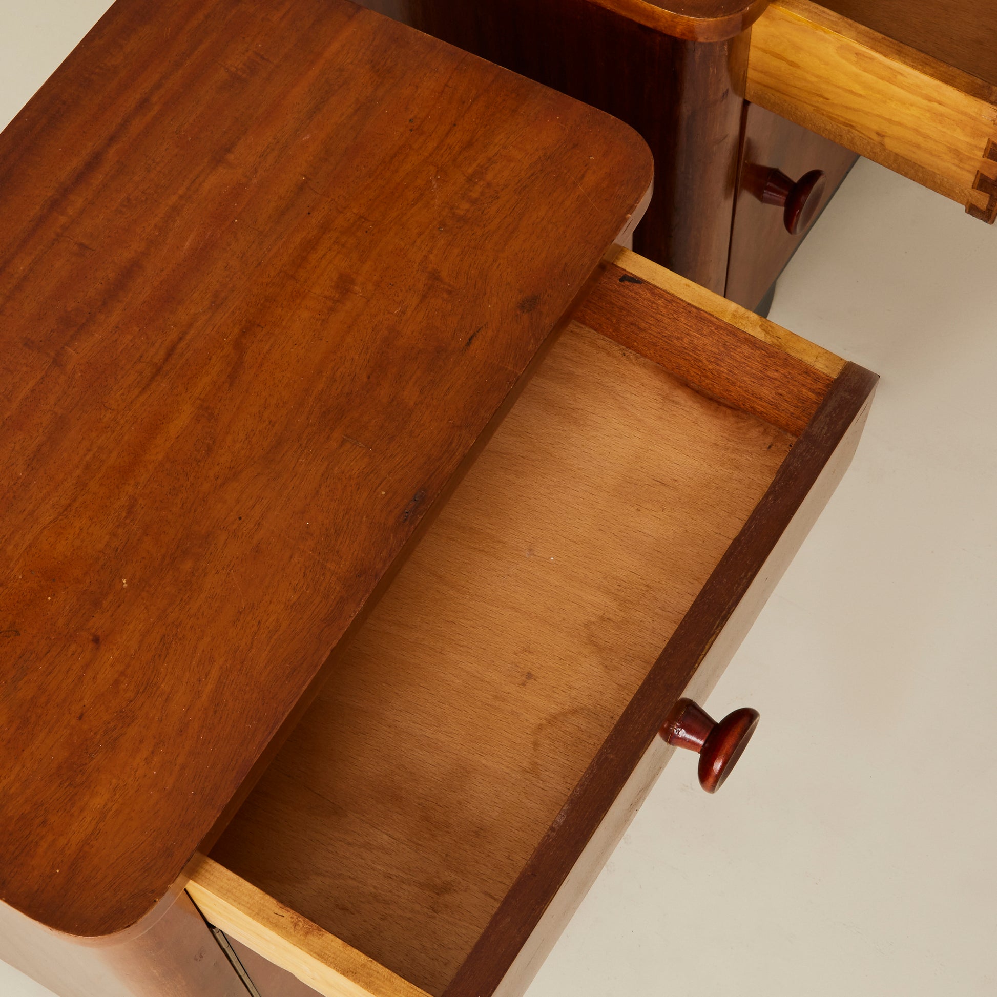 Art Deco Bedside Tables, Ebonized Wood Veneer, 1940's, a pair