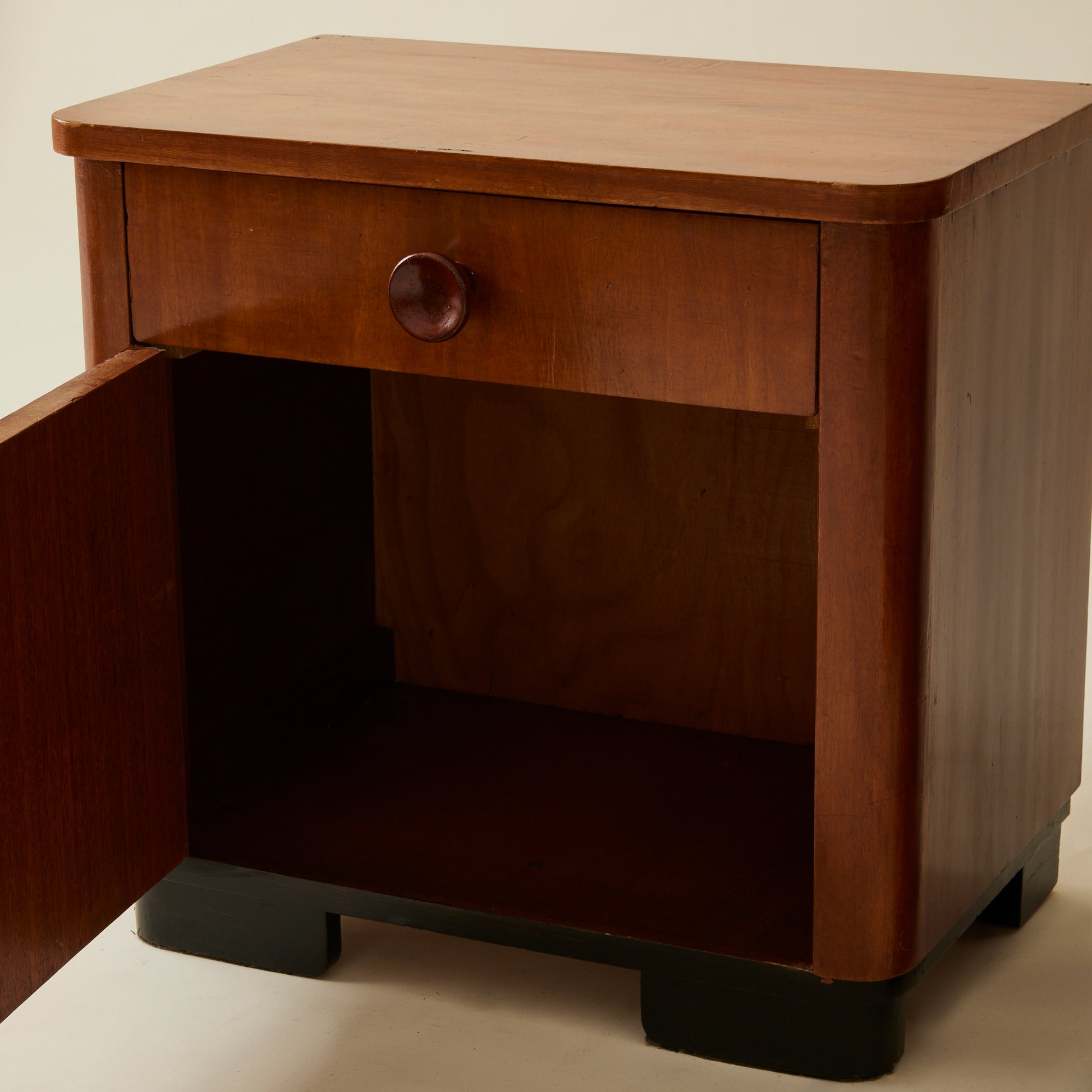 Art Deco Bedside Tables, Ebonized Wood Veneer, 1940's, a pair