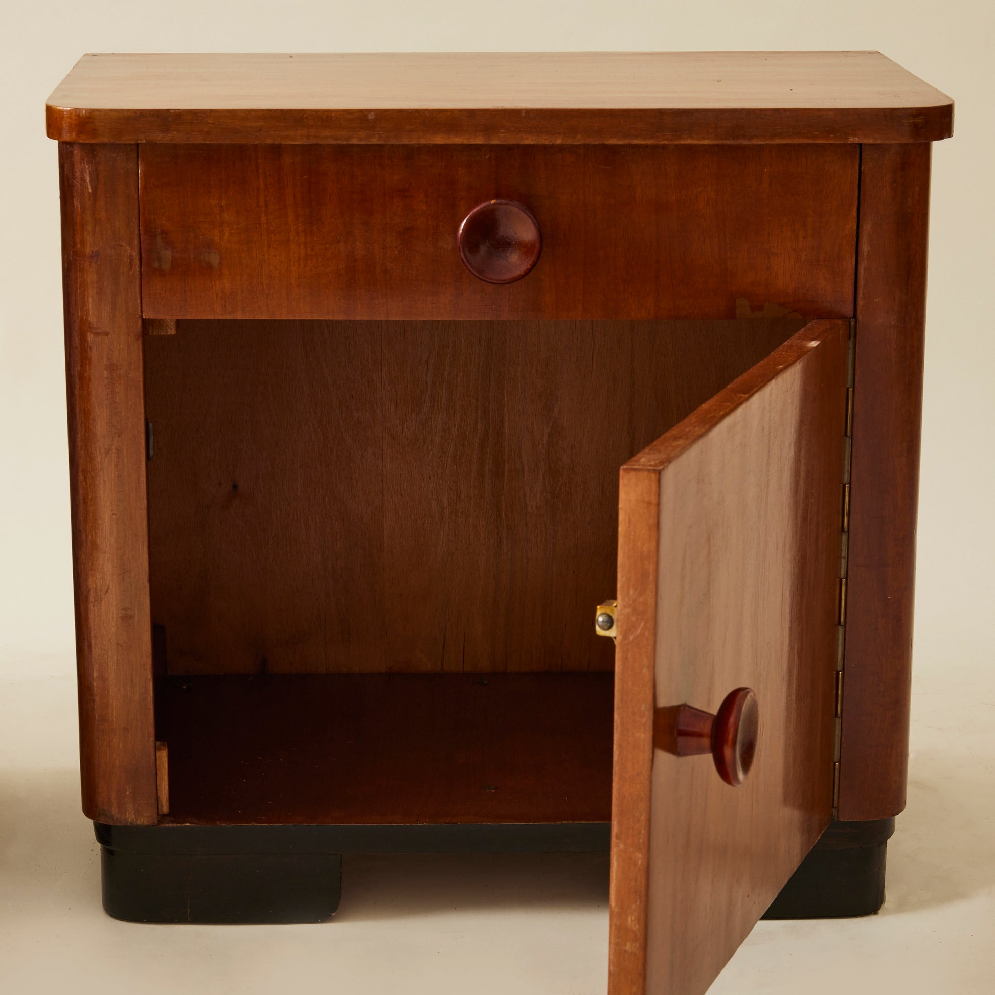 Art Deco Bedside Tables, Ebonized Wood Veneer, 1940's, a pair