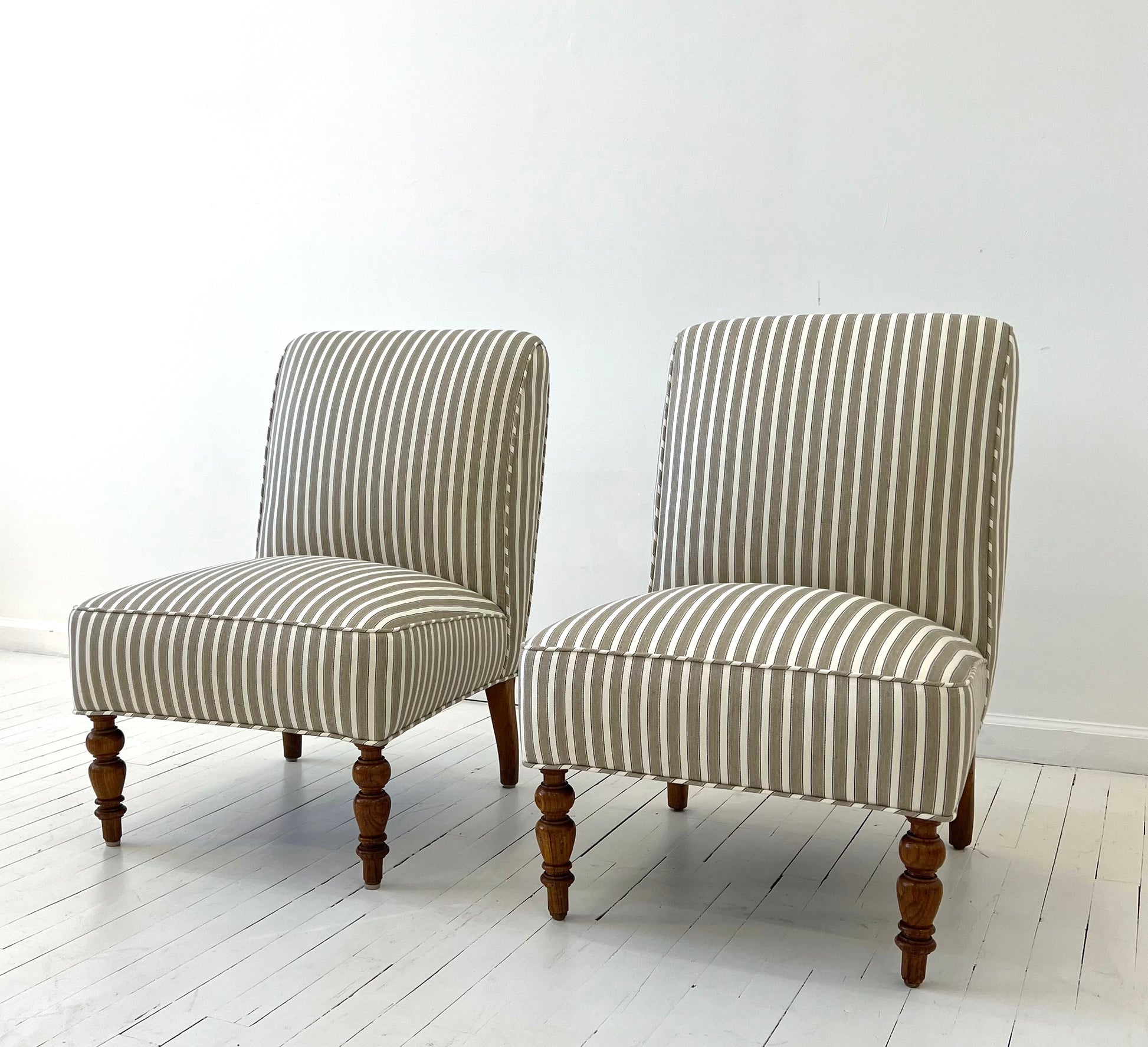 Scandinavian Striped Slipper Lounge Chairs | 20th Century Linen/ Cotton Upholstery, Set of 2