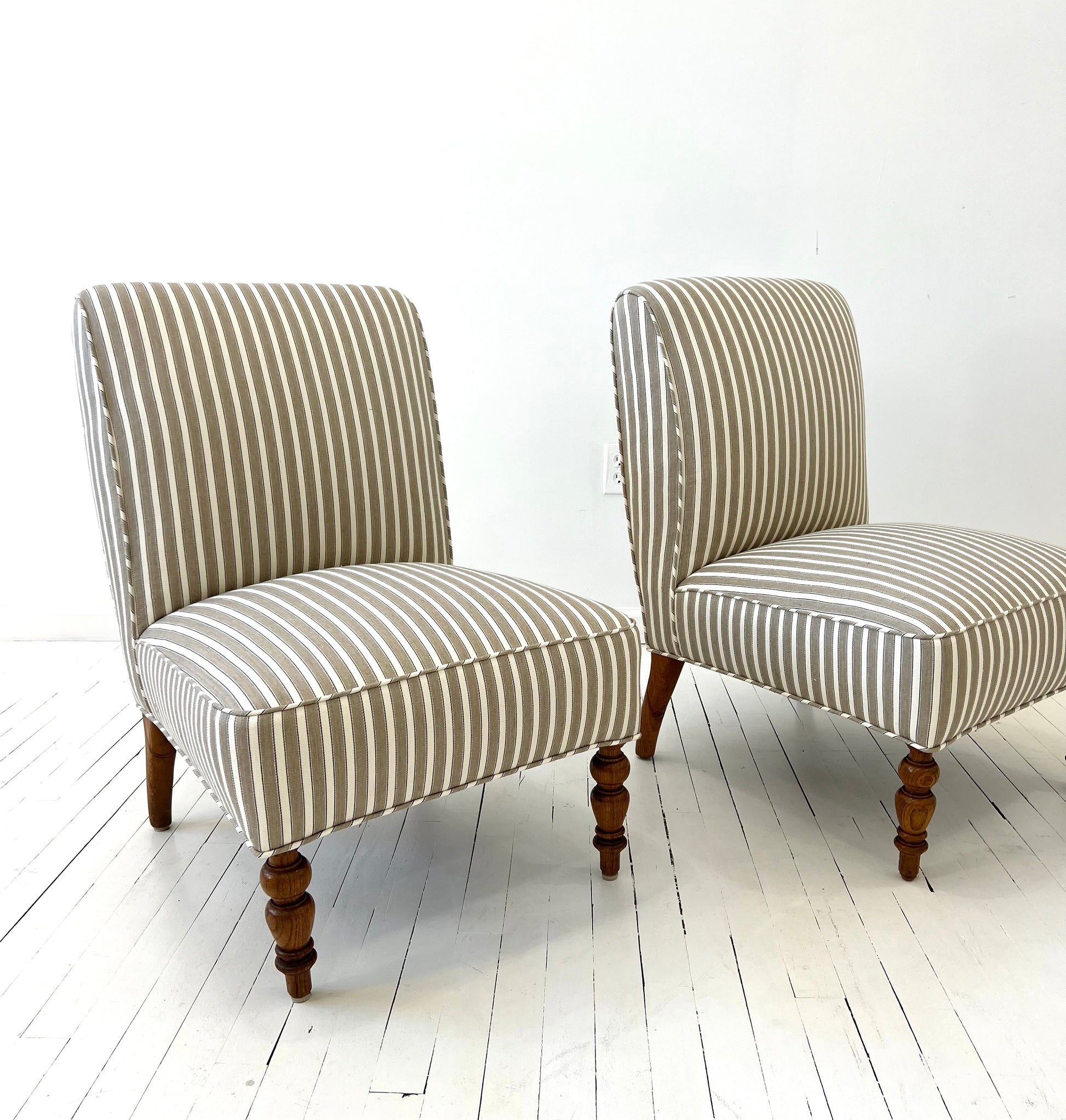 Scandinavian Striped Slipper Lounge Chairs | 20th Century Linen/ Cotton Upholstery, Set of 2