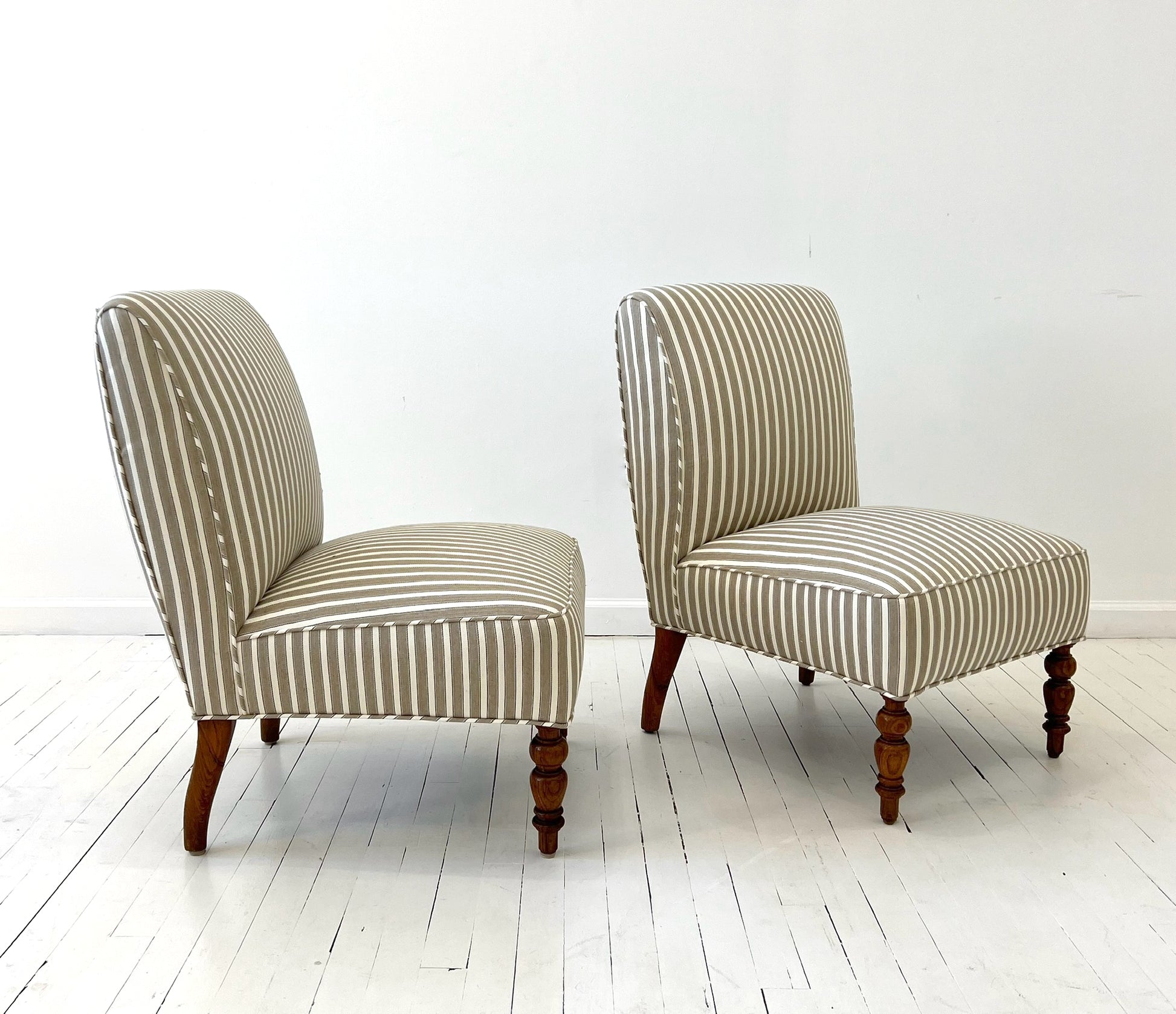 Scandinavian Striped Slipper Lounge Chairs | 20th Century Linen/ Cotton Upholstery, Set of 2