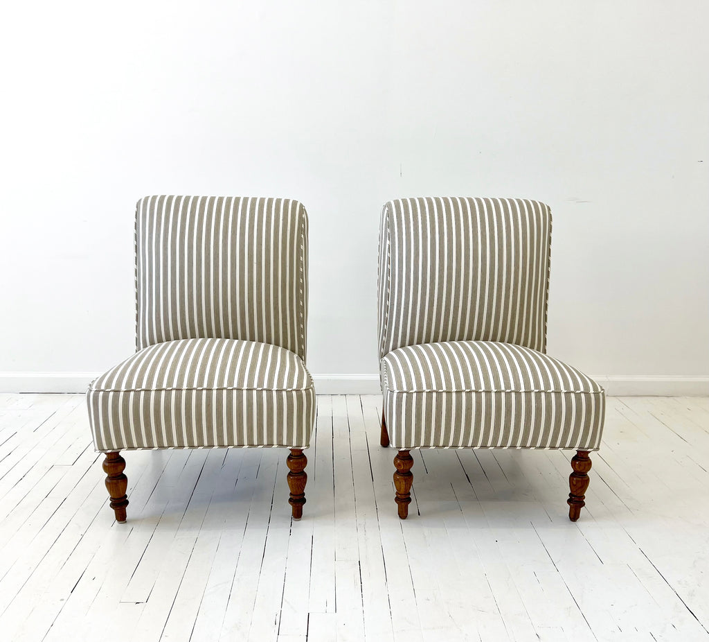 Scandinavian Striped Slipper Lounge Chairs | 20th Century Linen/ Cotton Upholstery, Set of 2