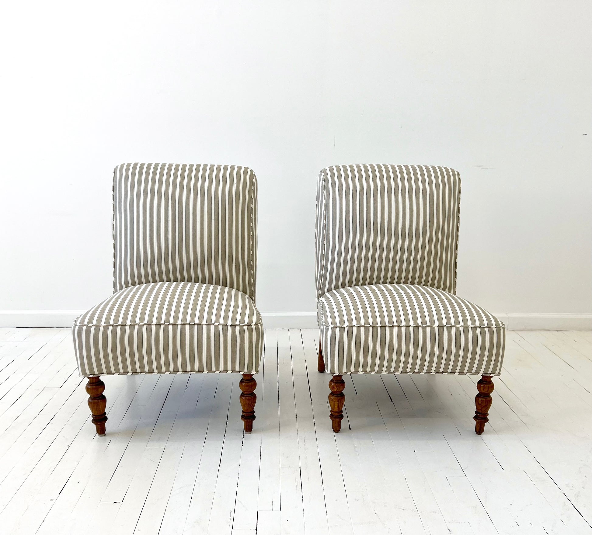 Scandinavian Striped Slipper Lounge Chairs | 20th Century Linen/ Cotton Upholstery, Set of 2